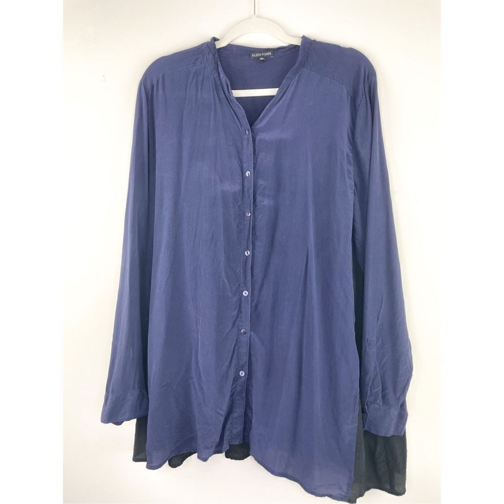 Eileen Fisher Navy Black Two Toned Color Block Silk Long Sleeve Blouse or Shirtd